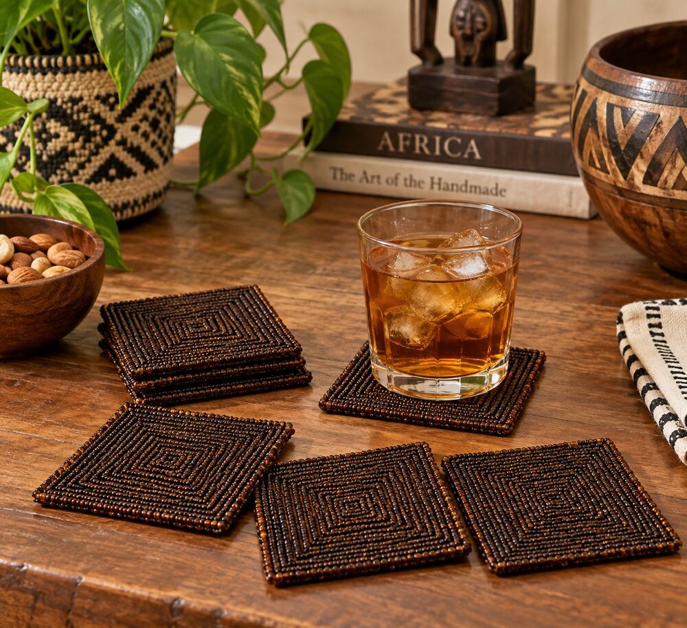 African Beaded Coasters Set of 6 Brown Amber Seed Bead Square Tribal Table Decor